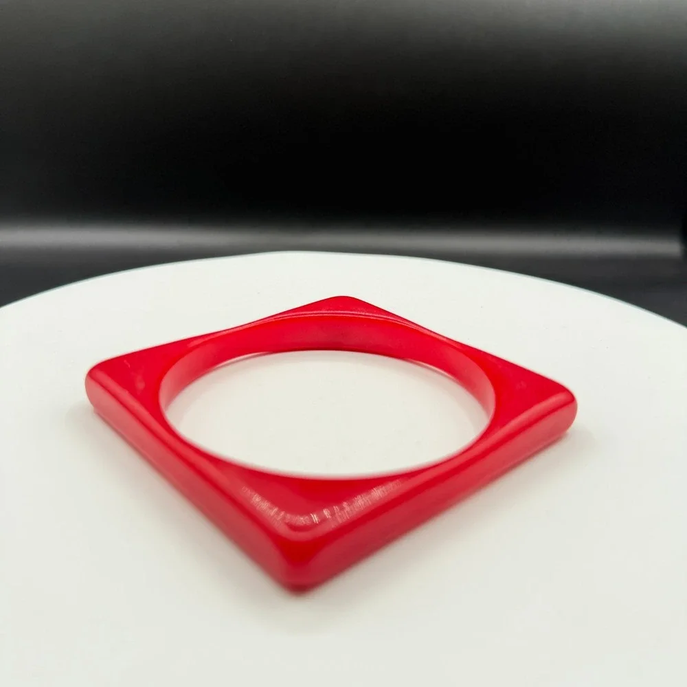 Red Geometric Square Lucite Bangle Bracelet Chunky Statement Retro Boho Gift